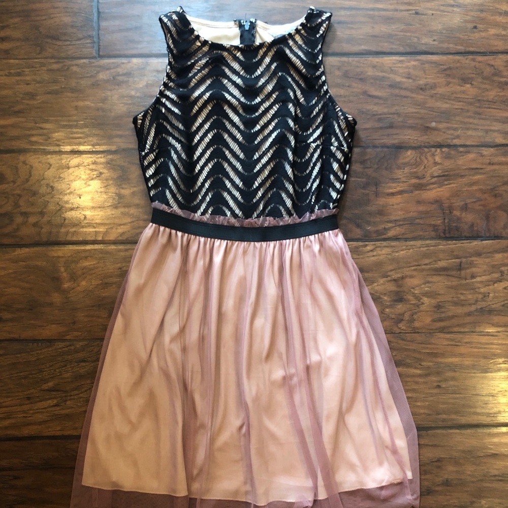 Blush Tulle Mini Dress With Black Lace Detail